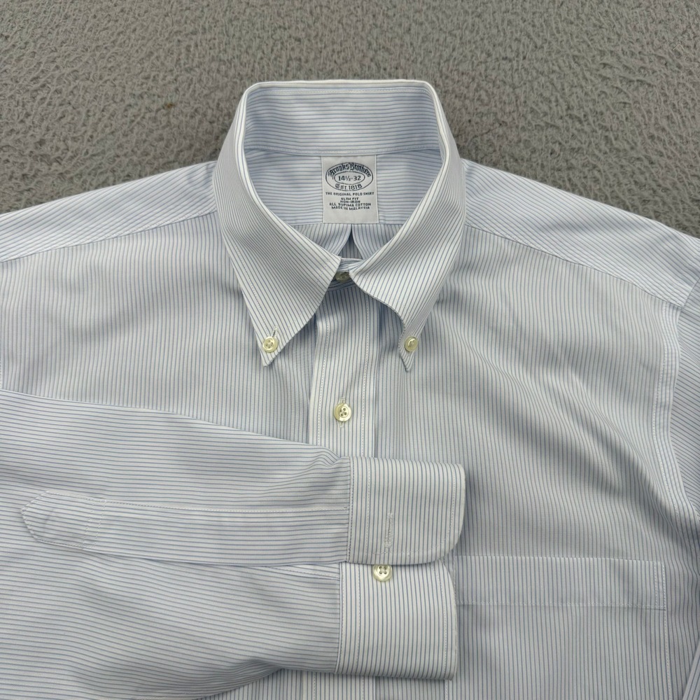 Brooks Brothers Button Down Mens 14.5-32 Blue Pinstripe Slim Fit Supima Cotton